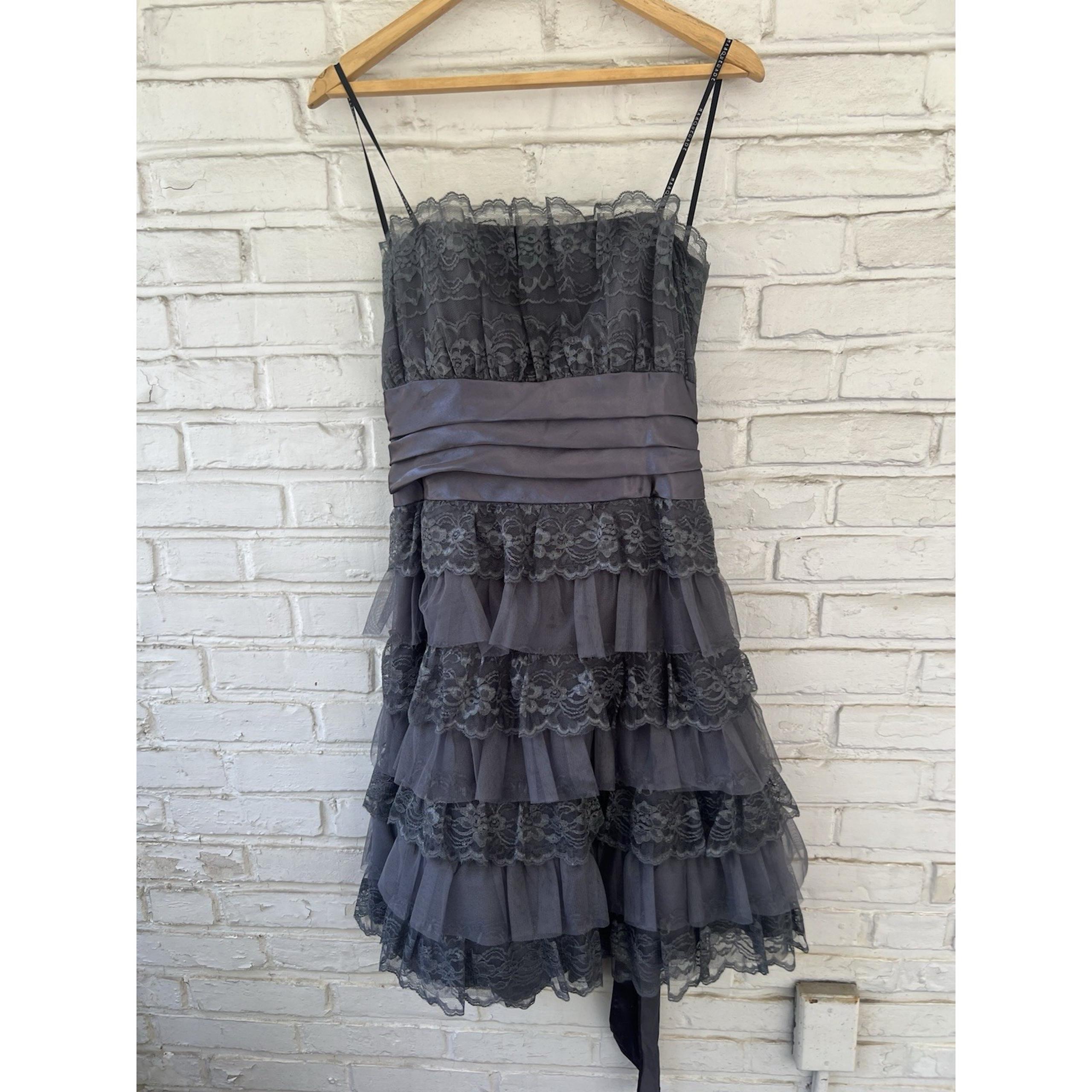 Vintage Masquerade Dress Gray Layered Tulle Lace Silk Strapless Size 14/15