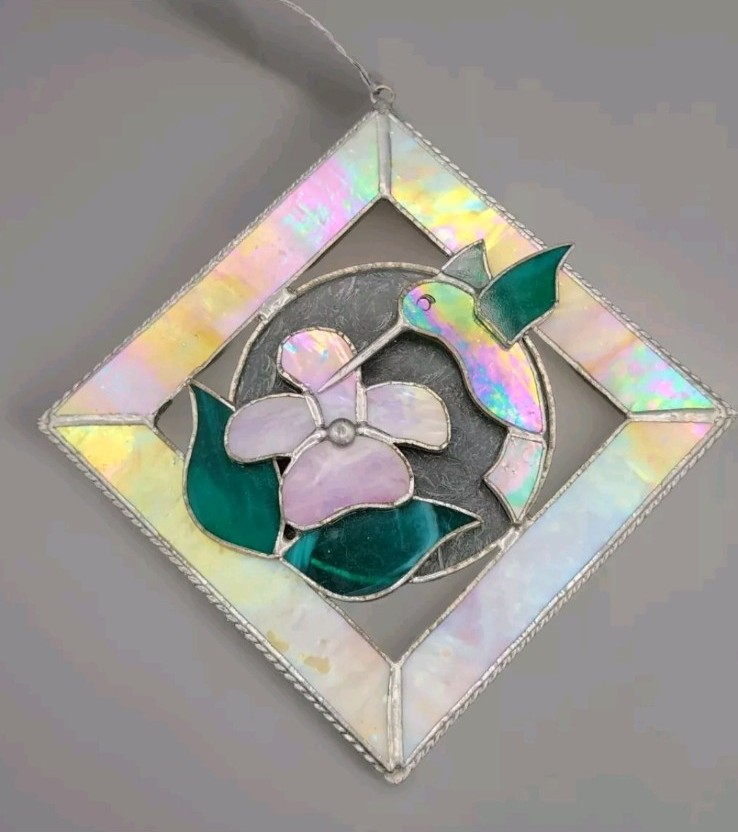 VTG American Art Glass 1996 Leaded Stained Glass Hummingbird Suncatcher 8 × 8