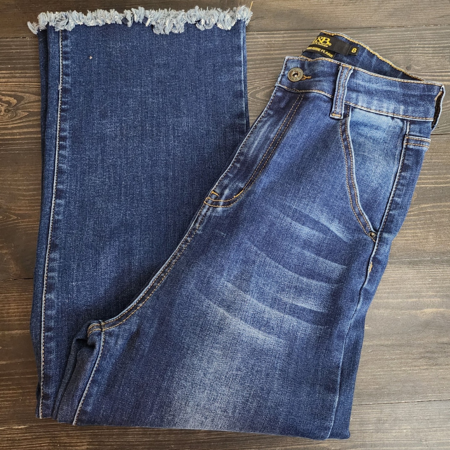 L&B Lucky & Blessed Womans High Rise Flare Jeans Size 8 Med Wash Frayed Hem