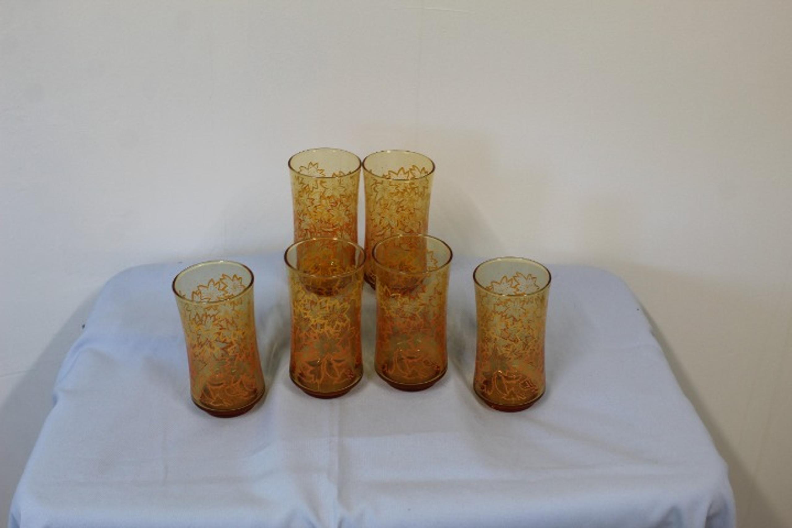 Vintage Libbey Amber Ombre Floral Ice Tea Drinking Glasses. SET OF 6
