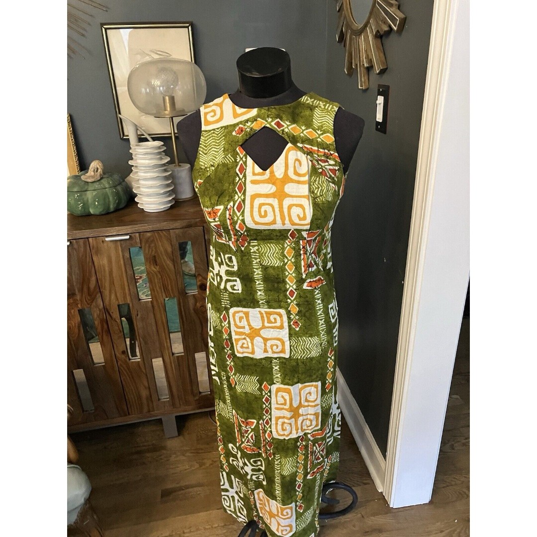 Vintage 1960’s Island Casuals Hawaiian Bark Cloth Maxi Floral Dress Cut Outs