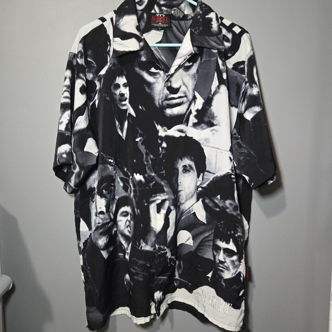 B9 VTG Dragonfly SCARFACE Tony Montana Button Shirt All Over Print Button Up Y2K