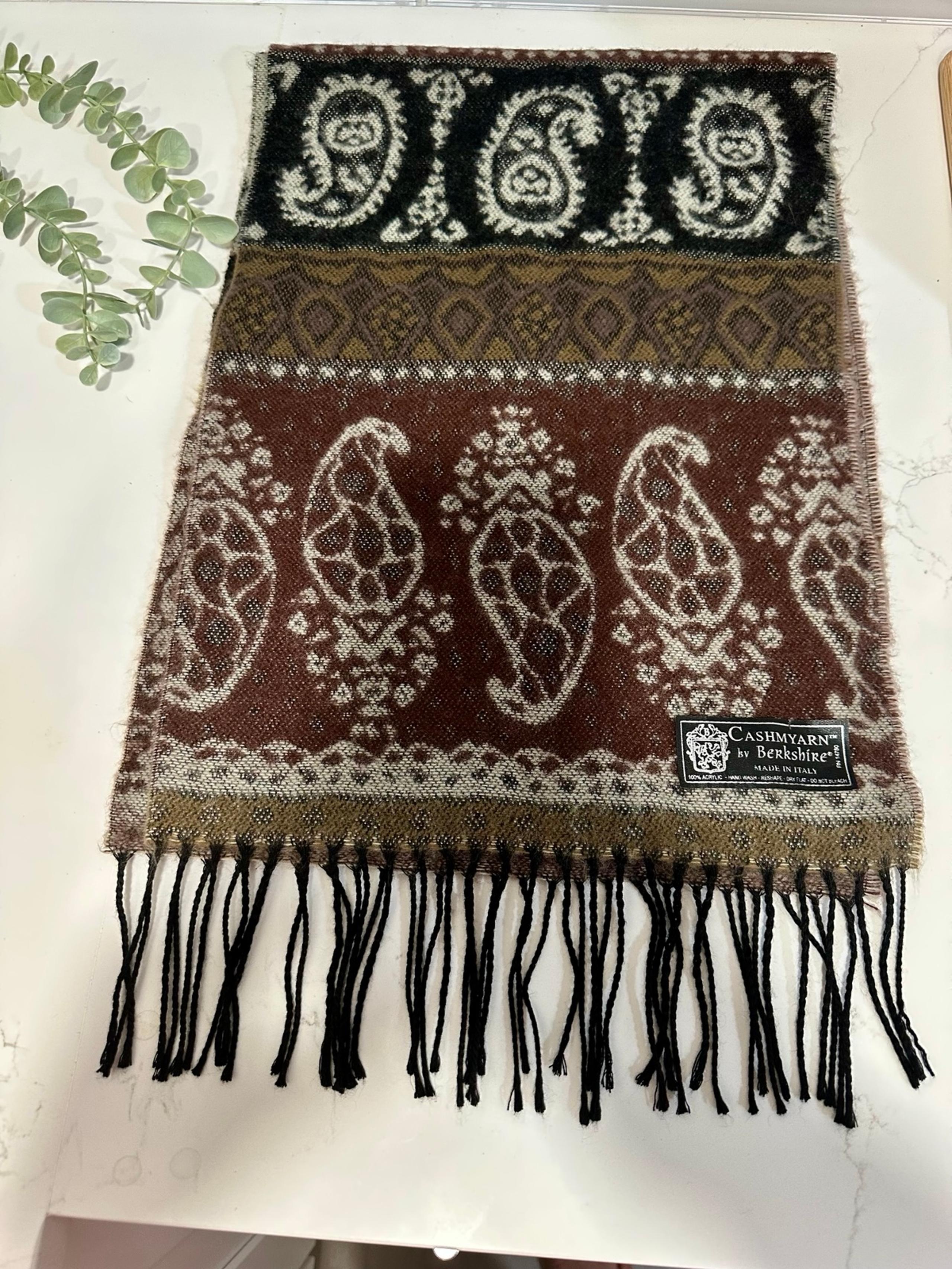 Italian Scarf Fringe Paisley Black Brown Tan Cashmyarn Berkshire Long 72" X 12"