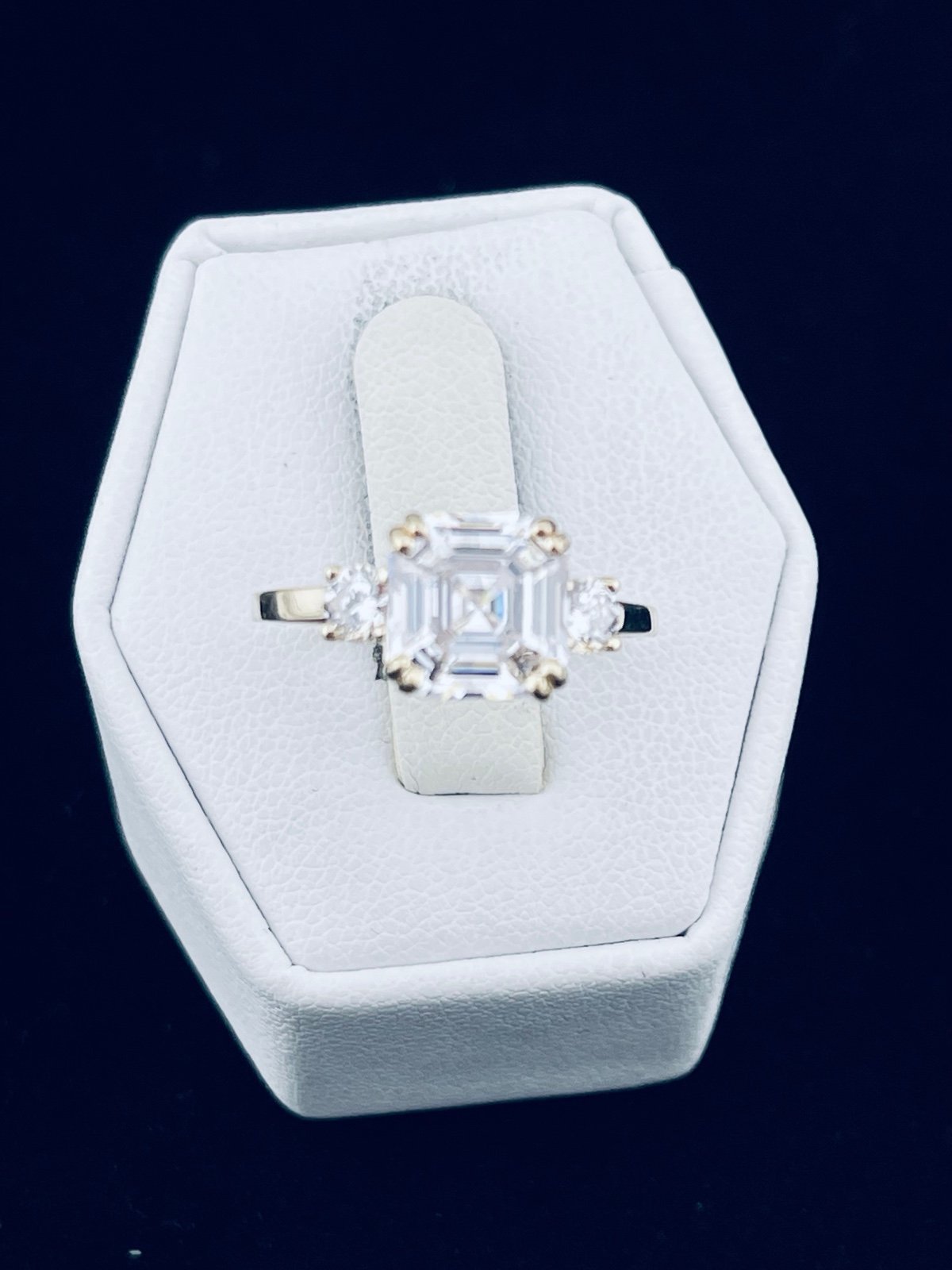 Modern Asher cut simulated diamond engagement ring 14 karat yellow gold