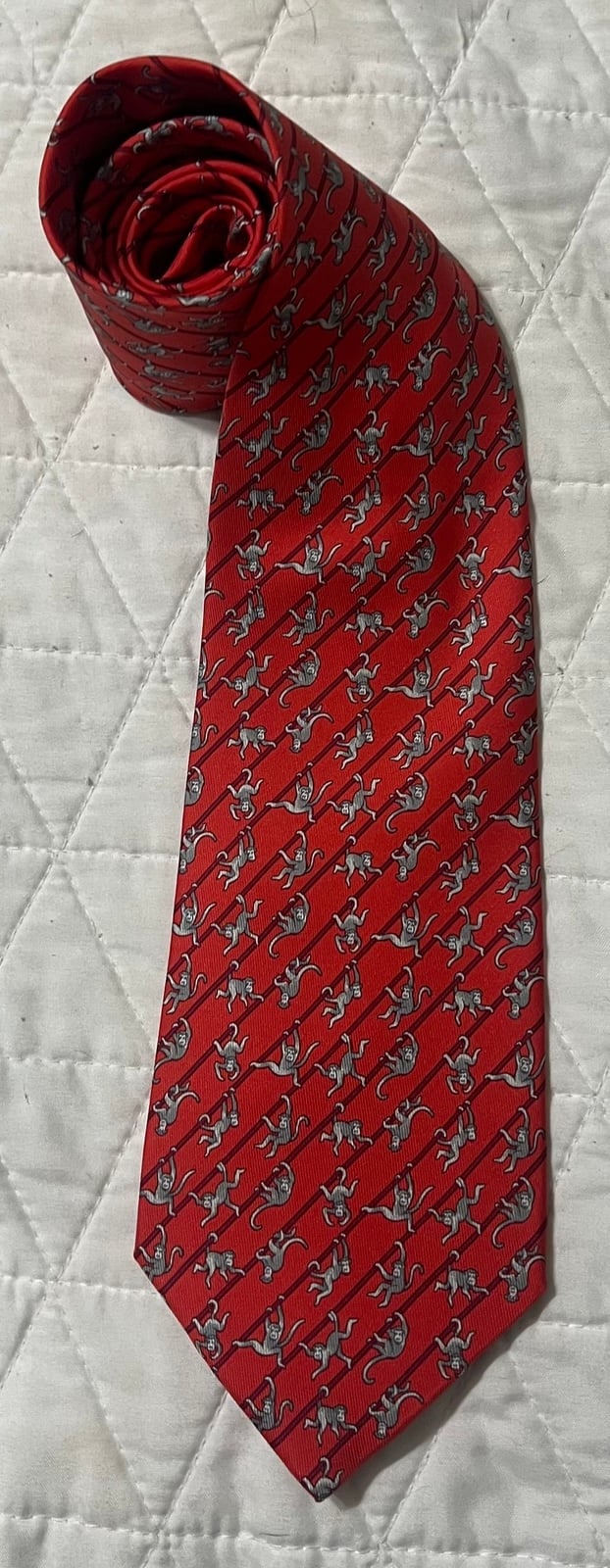Hermes Paris Dangling Monkey Tie Silk Red Tie Burgundy Stripes Grey Monkey XL