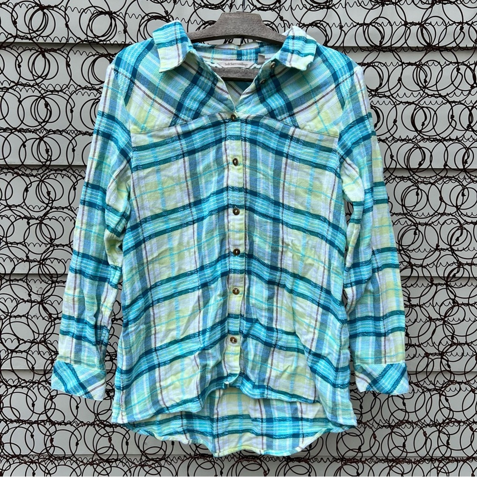 Soft Surroundings Samaria green blue plaid hi low hem button down flannel shirt