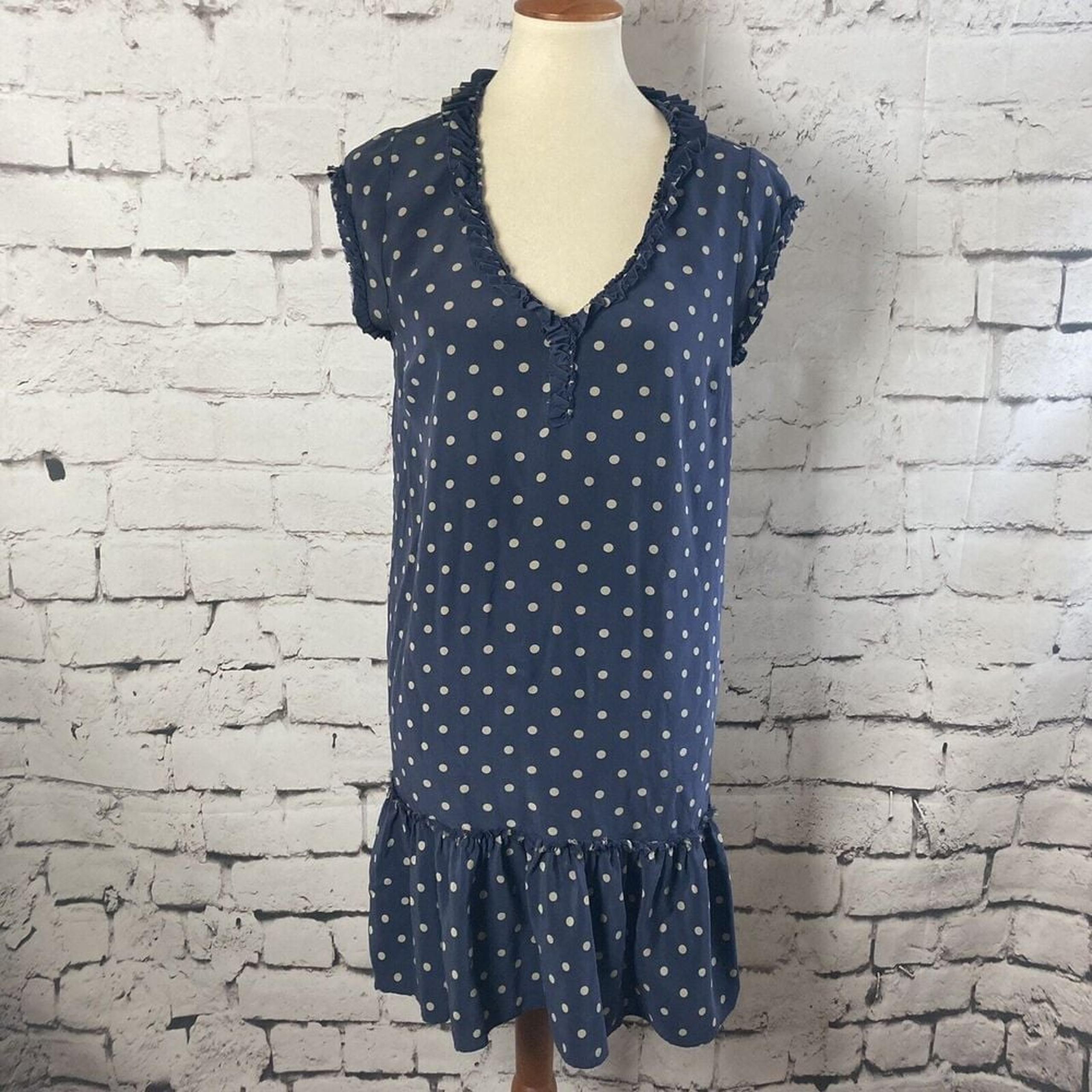 Joie Dress Womens Small Silk Navy Blue Polka Dot Ruffle Knee Length Sleeveless
