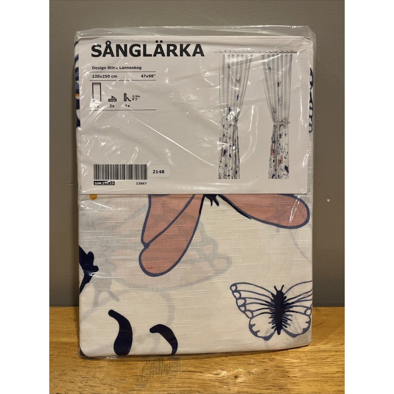 Ikea SANGLARKA Curtains w/ tie-backs, 1 pair, butterfly/white blue 47x98 - NEW