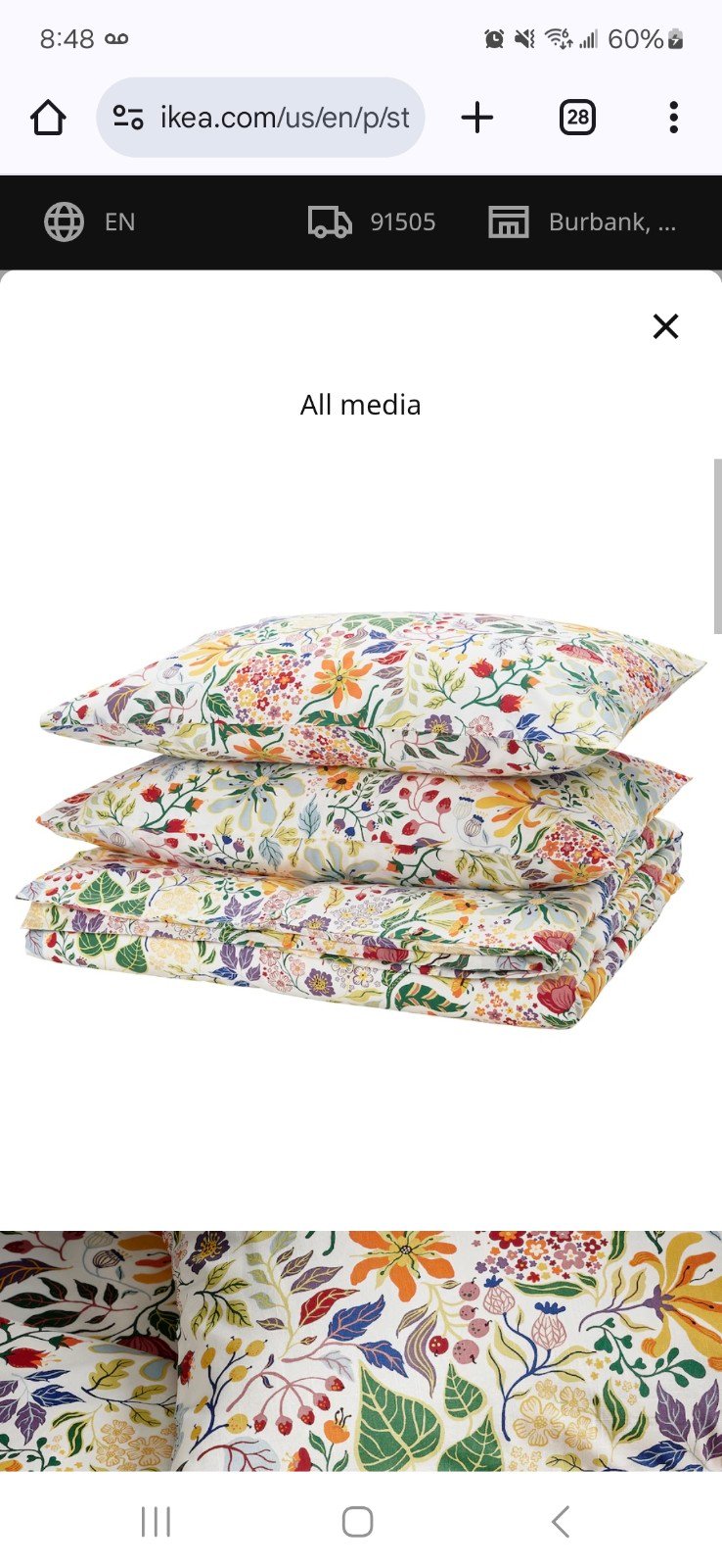 Ikea STRANDLUMMER King Duvet cover with pillowcases Floral pattern New
