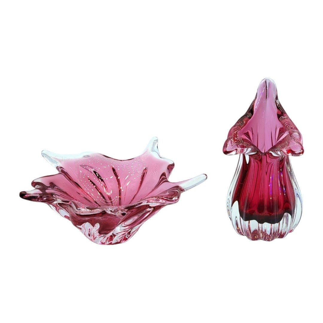 Czech Bohemian Art Glass Vase & Dish VTG 1940s Red Calla Lily Mini Vase