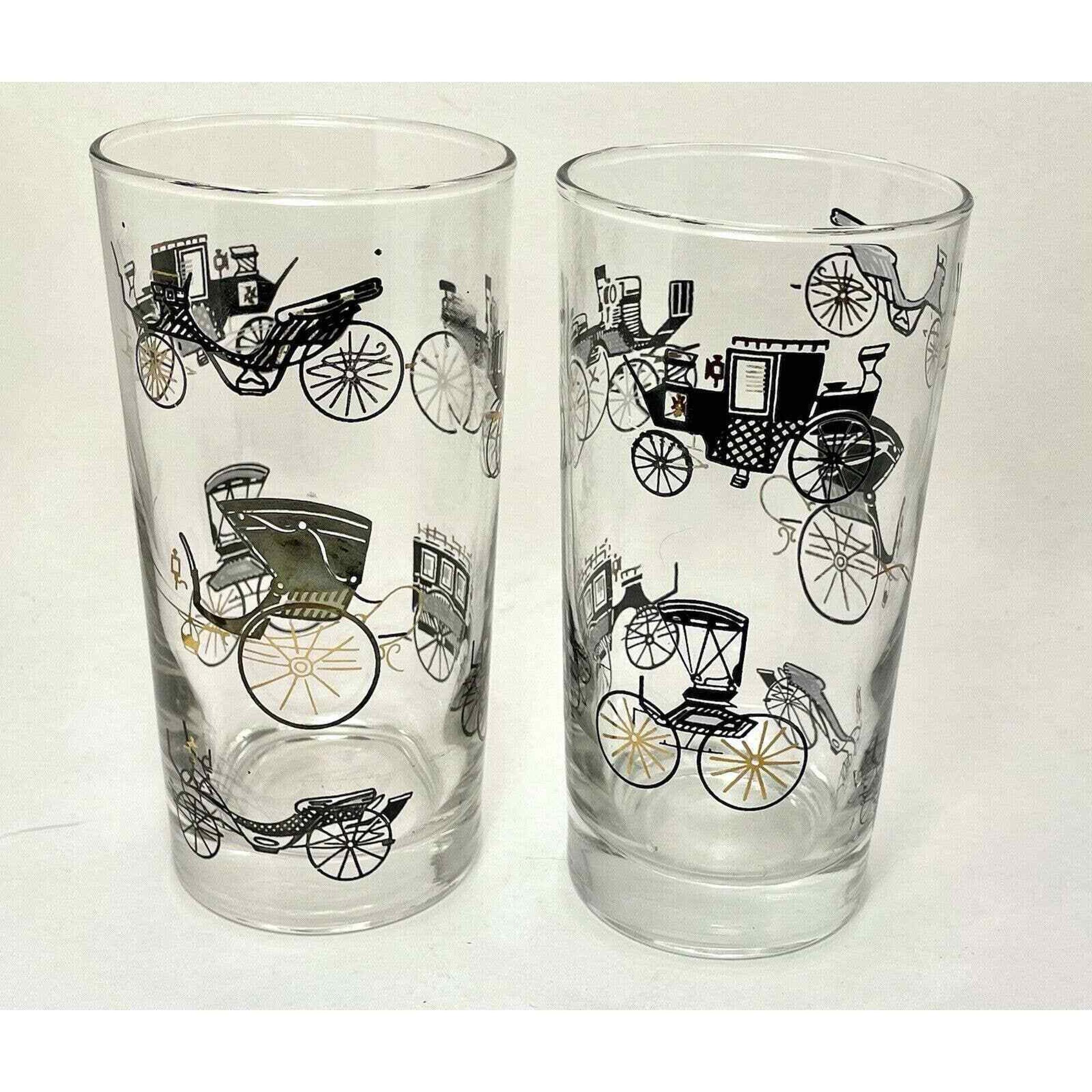 #A867 Vintage Libbey Carriage Buggy Coach Car Glasses Black & Gold Tumbler Set