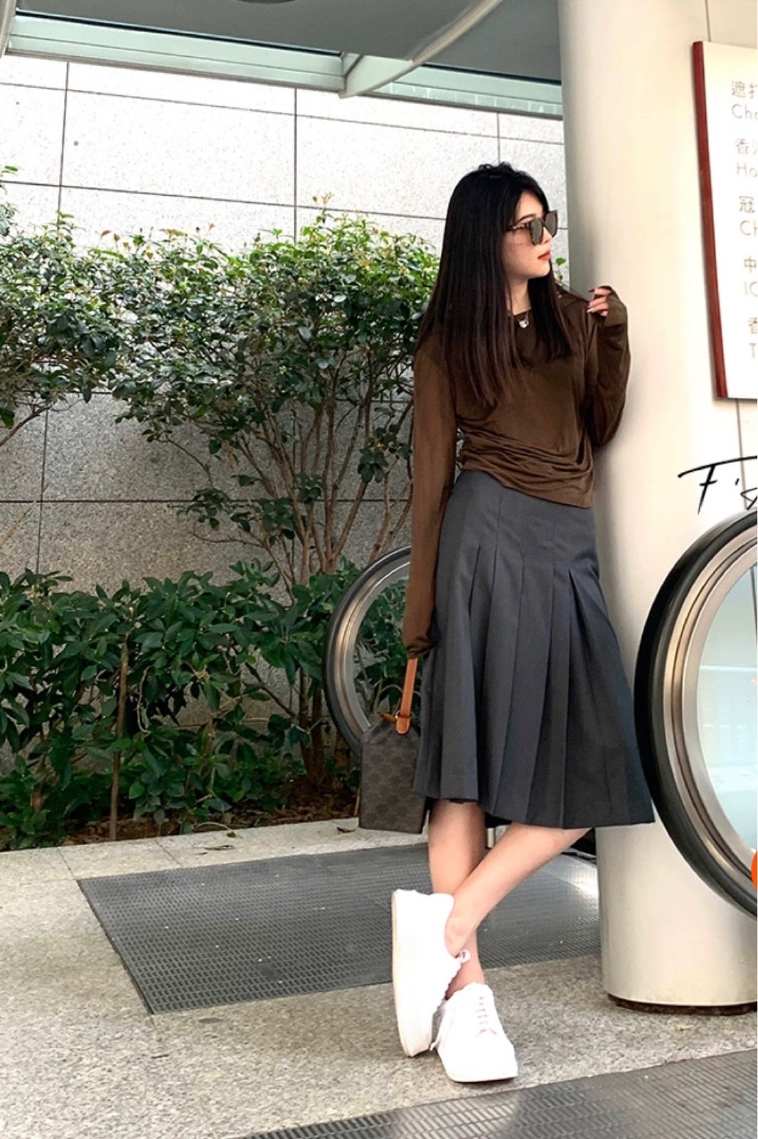 mid length pleated skirts grey