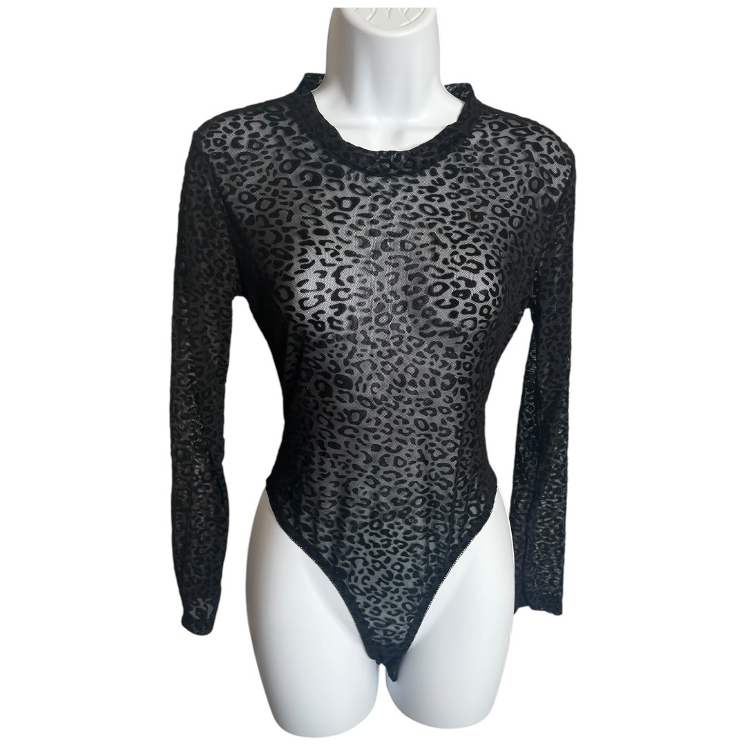 AvidLove black velvet leopard sheer mesh long sleeve thong bodysuit Small NWT