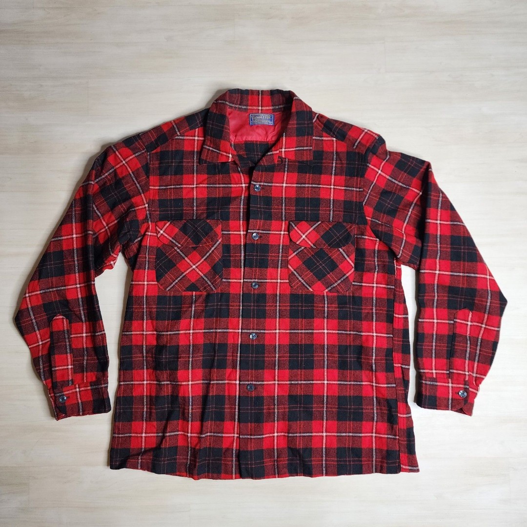 Vintage Pendleton Wool Red Plaid Loop Collar Shirt Made in USA Plaid Size Large