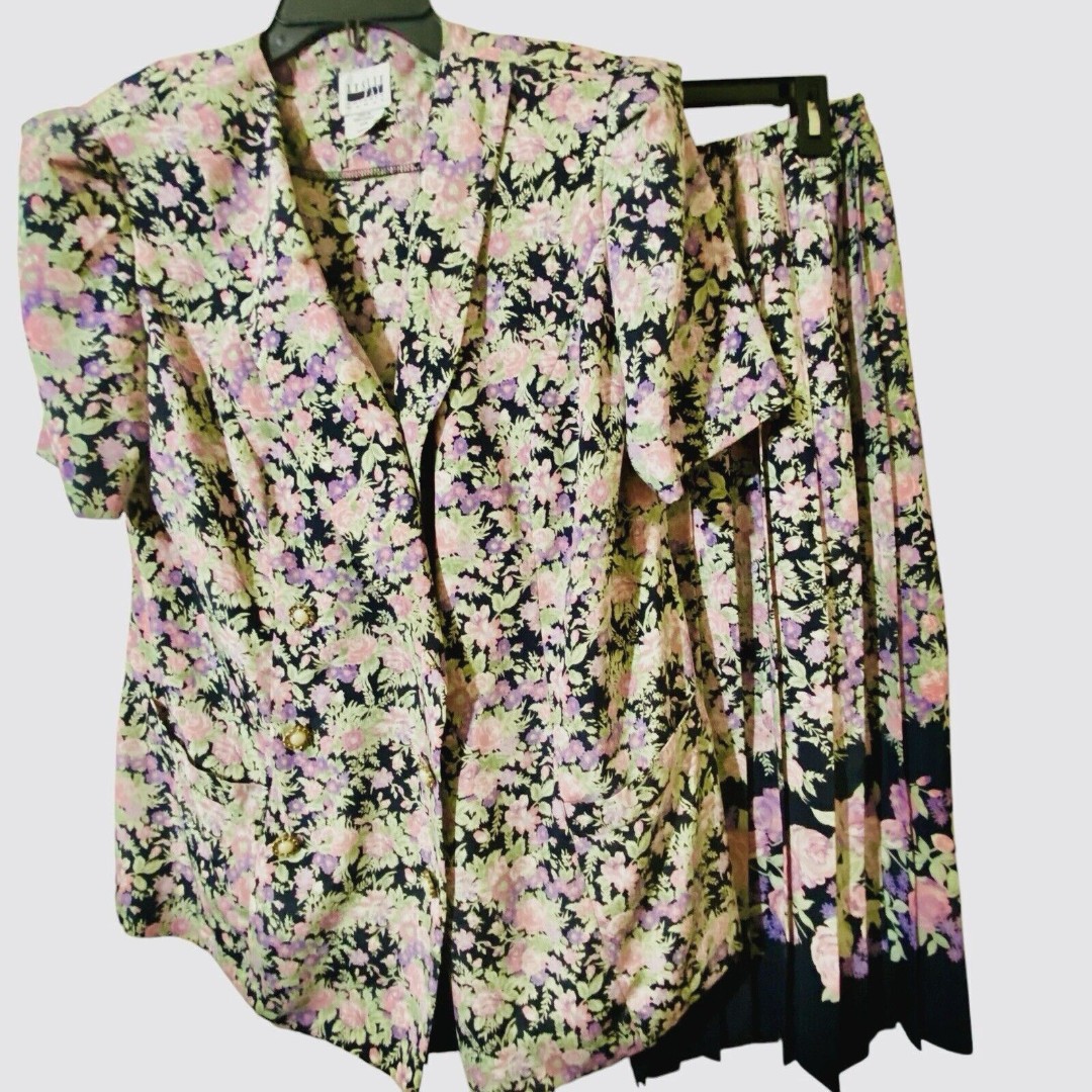 VTG 80's Leslie Fay 2-Pc Floral Knife Pleat Skirt Set Elastic Waist Plus Sz 14W