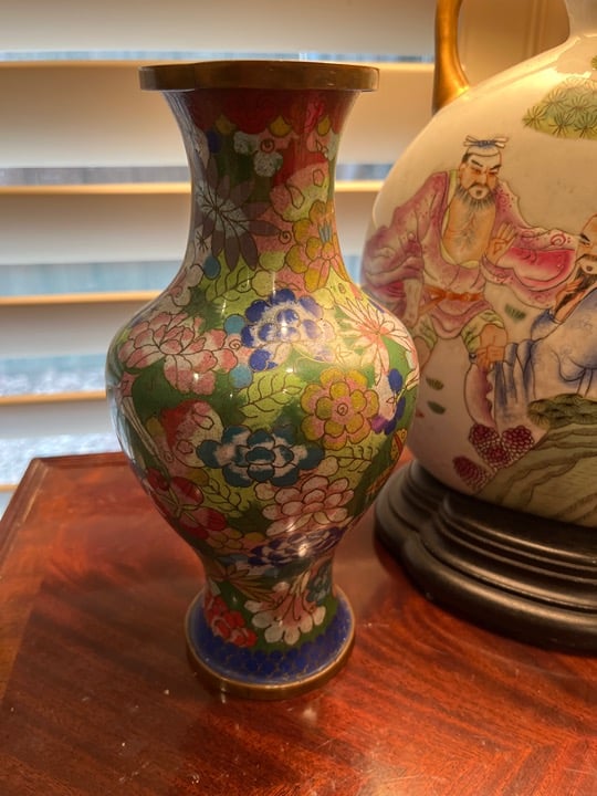 Antique Chinese vintage Cloisonne 9” Tall Vase Green With Flowers
