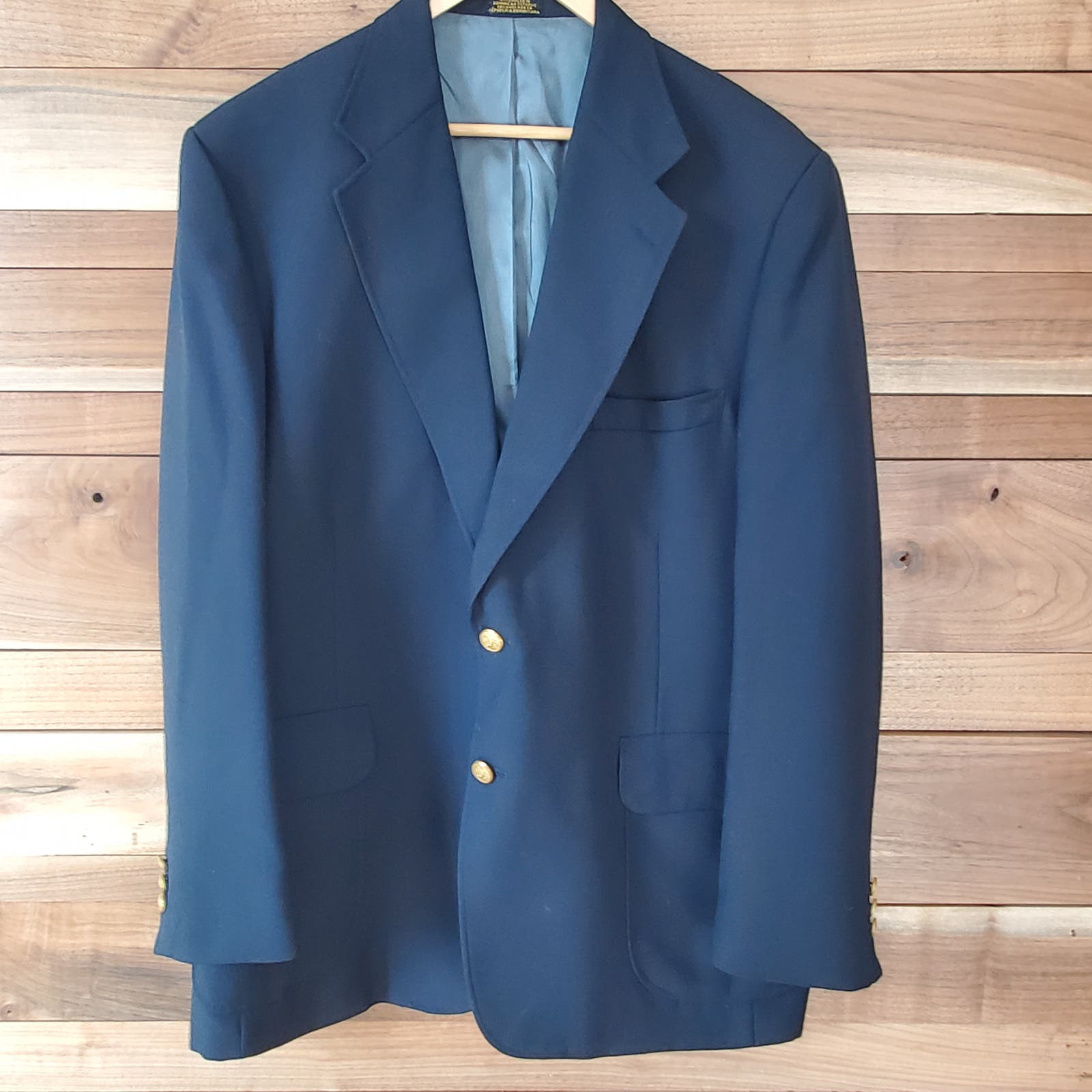 Stafford Mens Gold Button Single Breasted Wool Blend Blazer Sz 43R Blue Preppy
