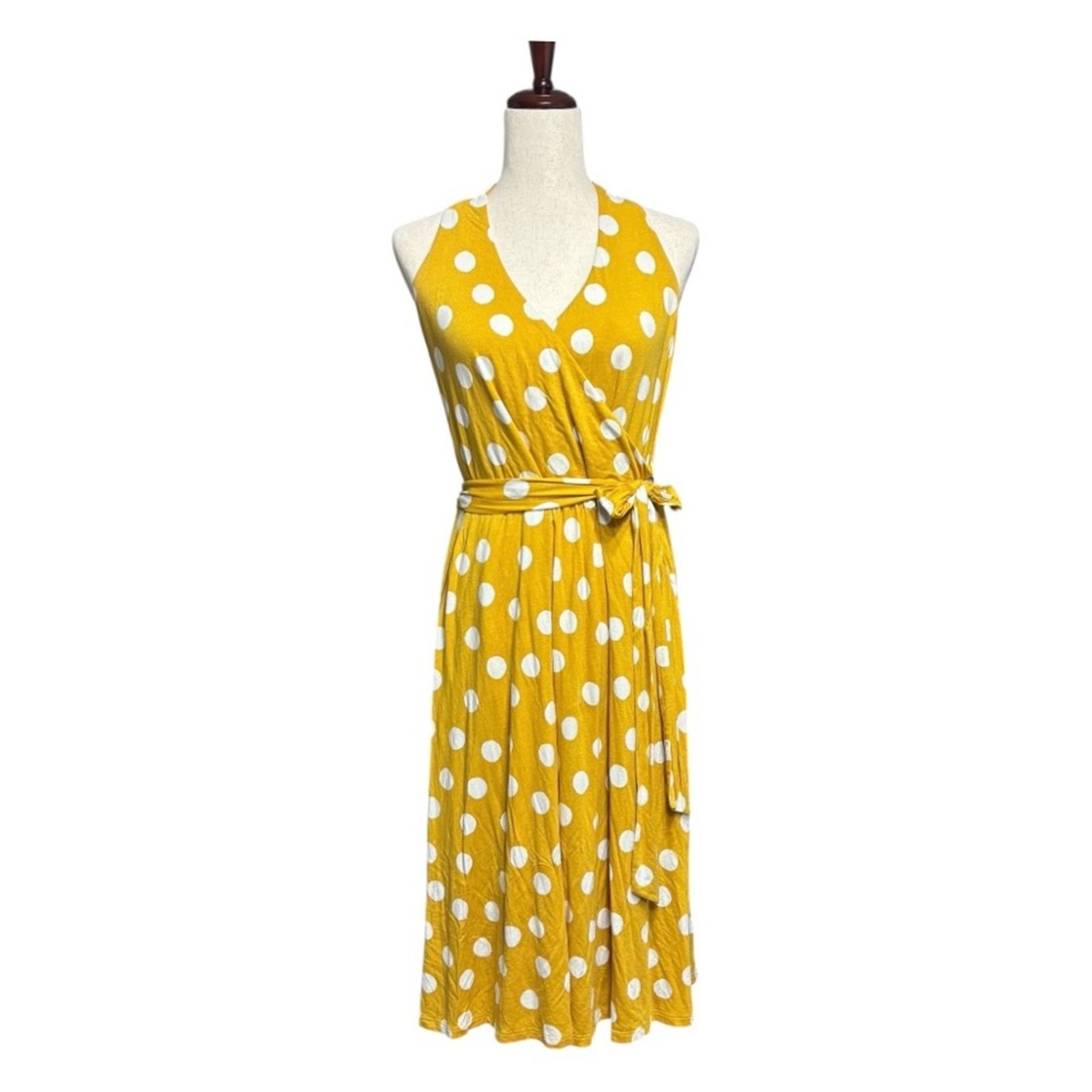Boden Yellow White Polka Dot Halter Midi Sundress Size 12