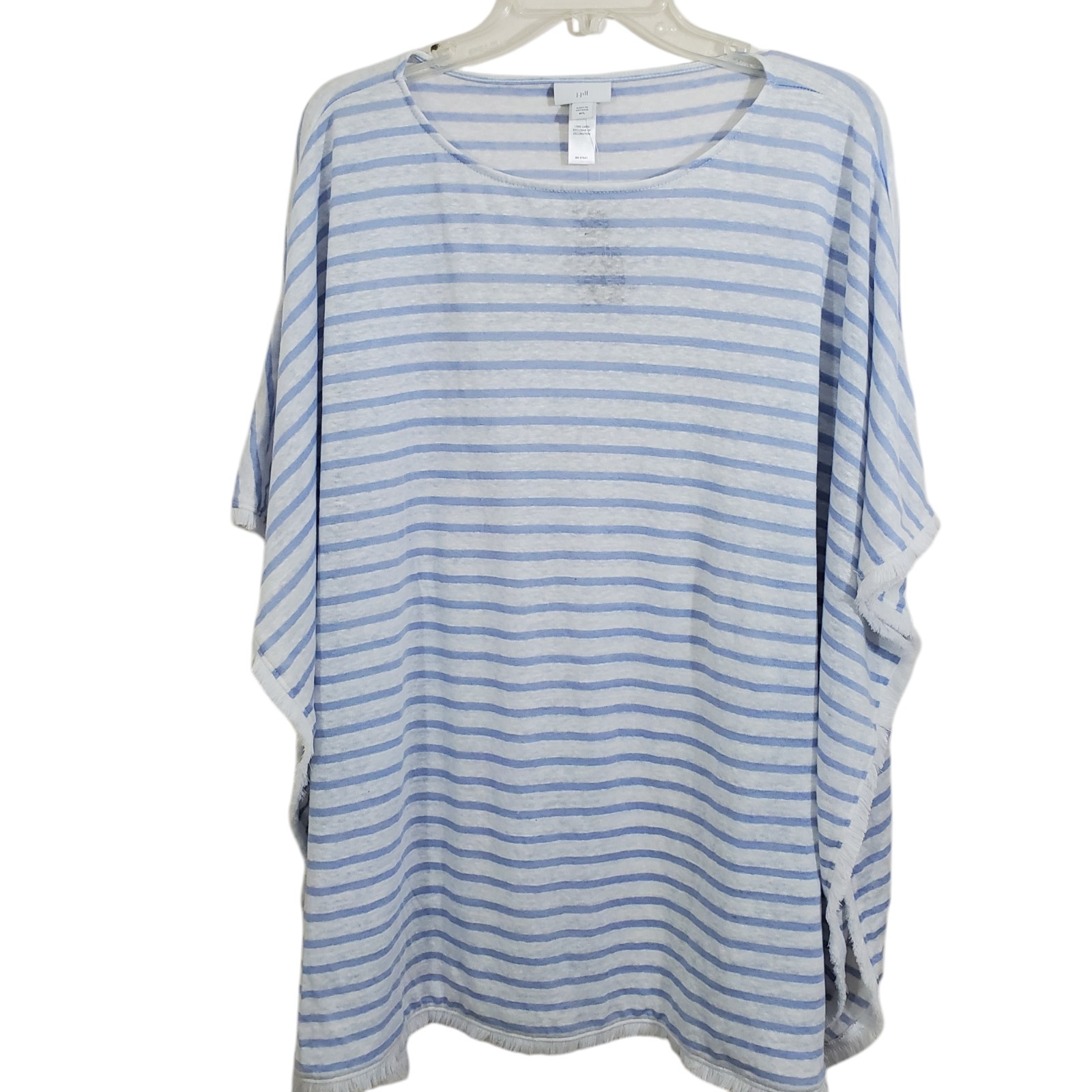 J. Jill 100% Linen Swim Pool Cover Up White Blue Stripe Fringed NWT Medium Large