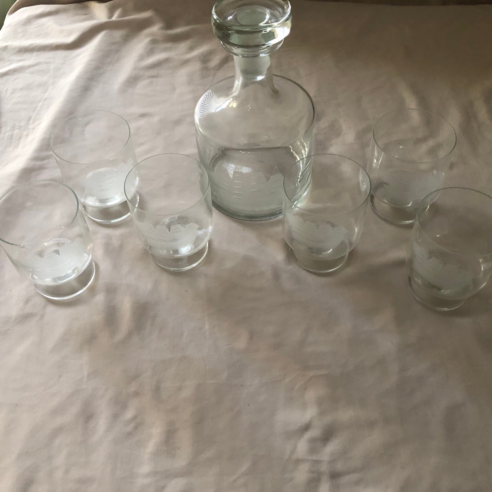 Vintage Sailor Nautical Crystal Decanter, 6 Cocktail Glass Set Etched Tall Ships