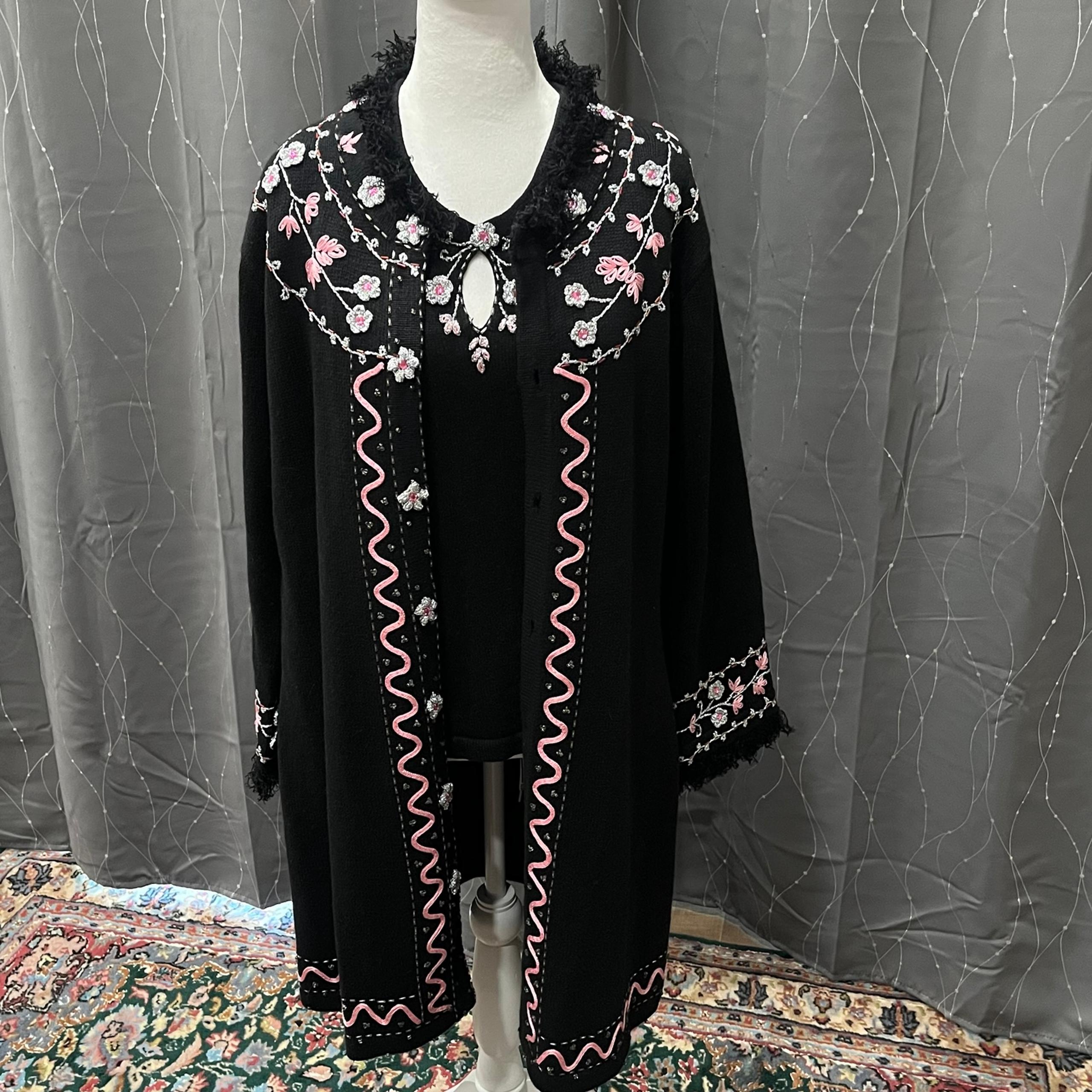 Storybook Knits Black Top & Long Cardigan 2 Pc Set Pink Embellishments Heavy S/M