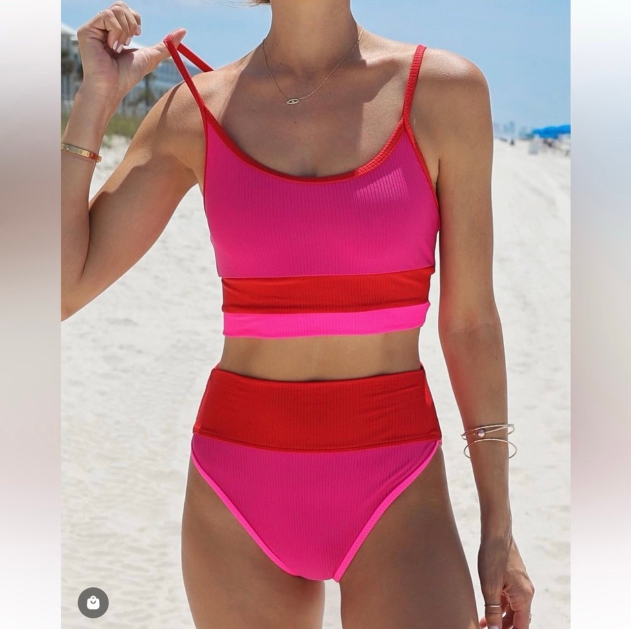 Beach Riot Colorblock Fuchsia Red Neon Pink Swim Set
