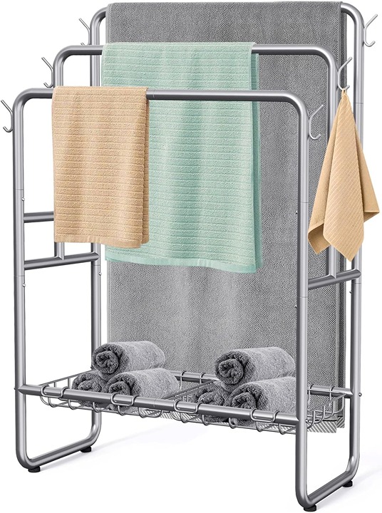 40 H Free Standing Towel Rack with 2 Storage Baskets & 6 Hooks-SADHIO2DSA