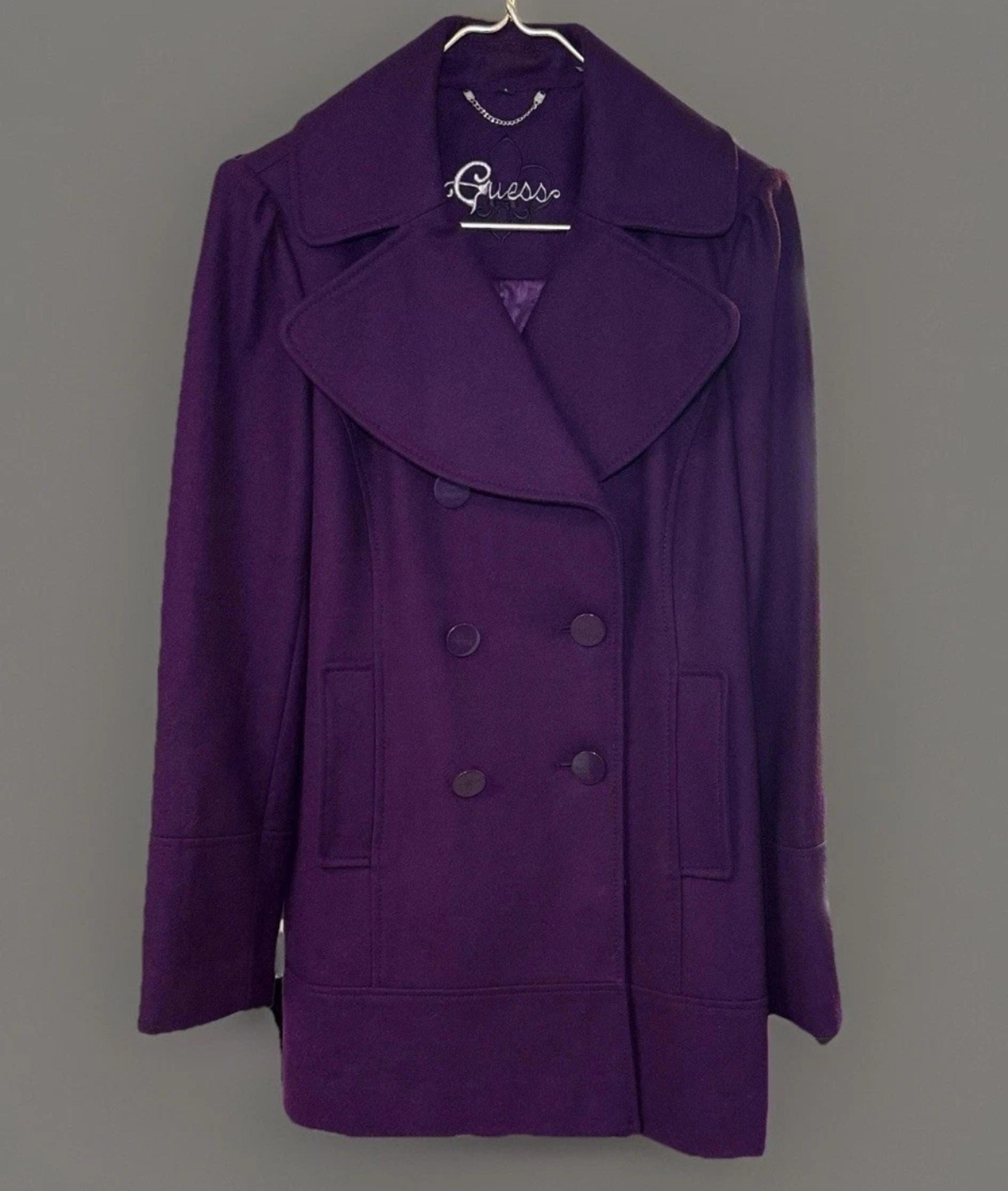 Peacoat Jacket Coat Wool Blend Lined Insulated Eggplant Women Sz L Button - GUESS