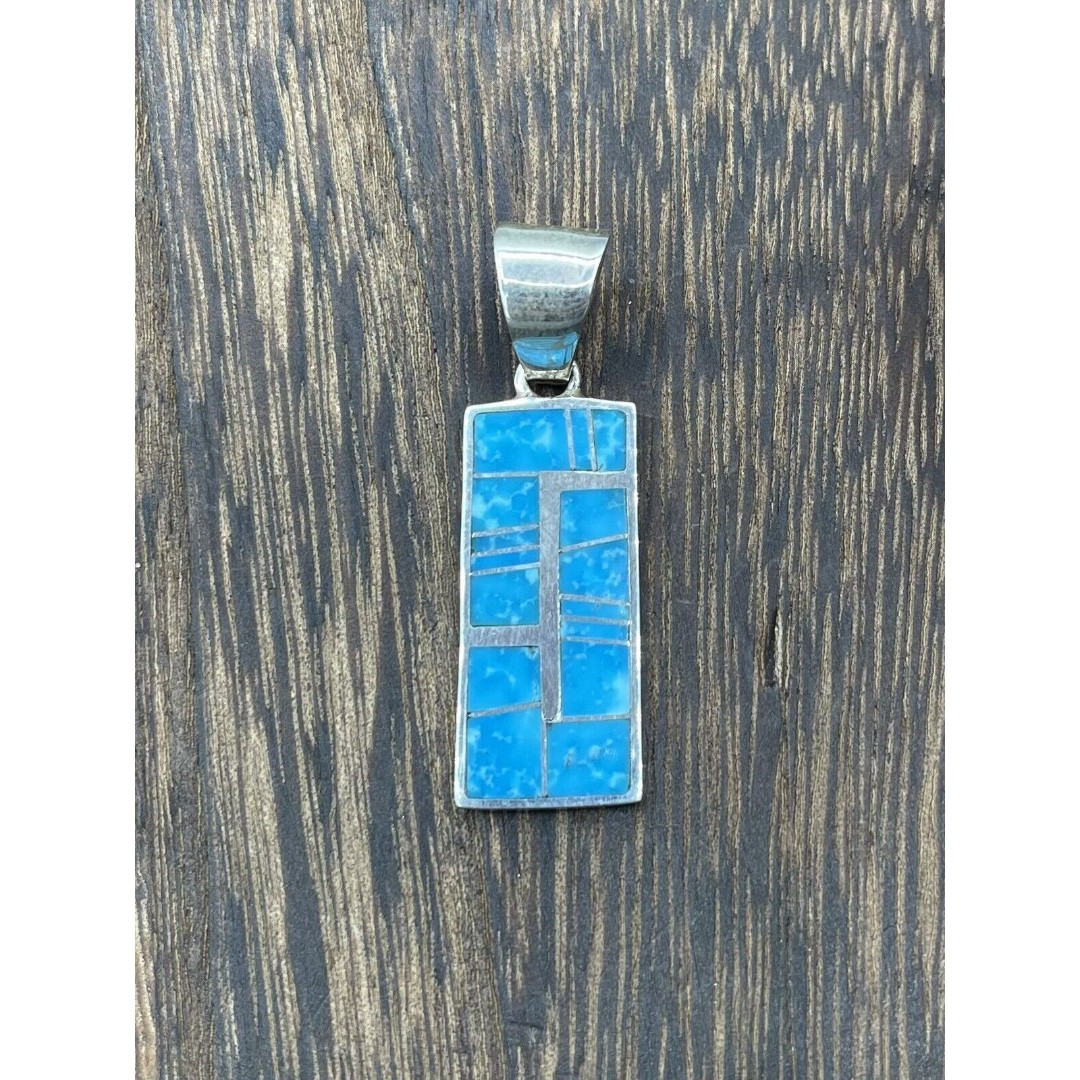 Native American Sterling Silver Navajo Handmade Natural Turquoise Inlay Pendant