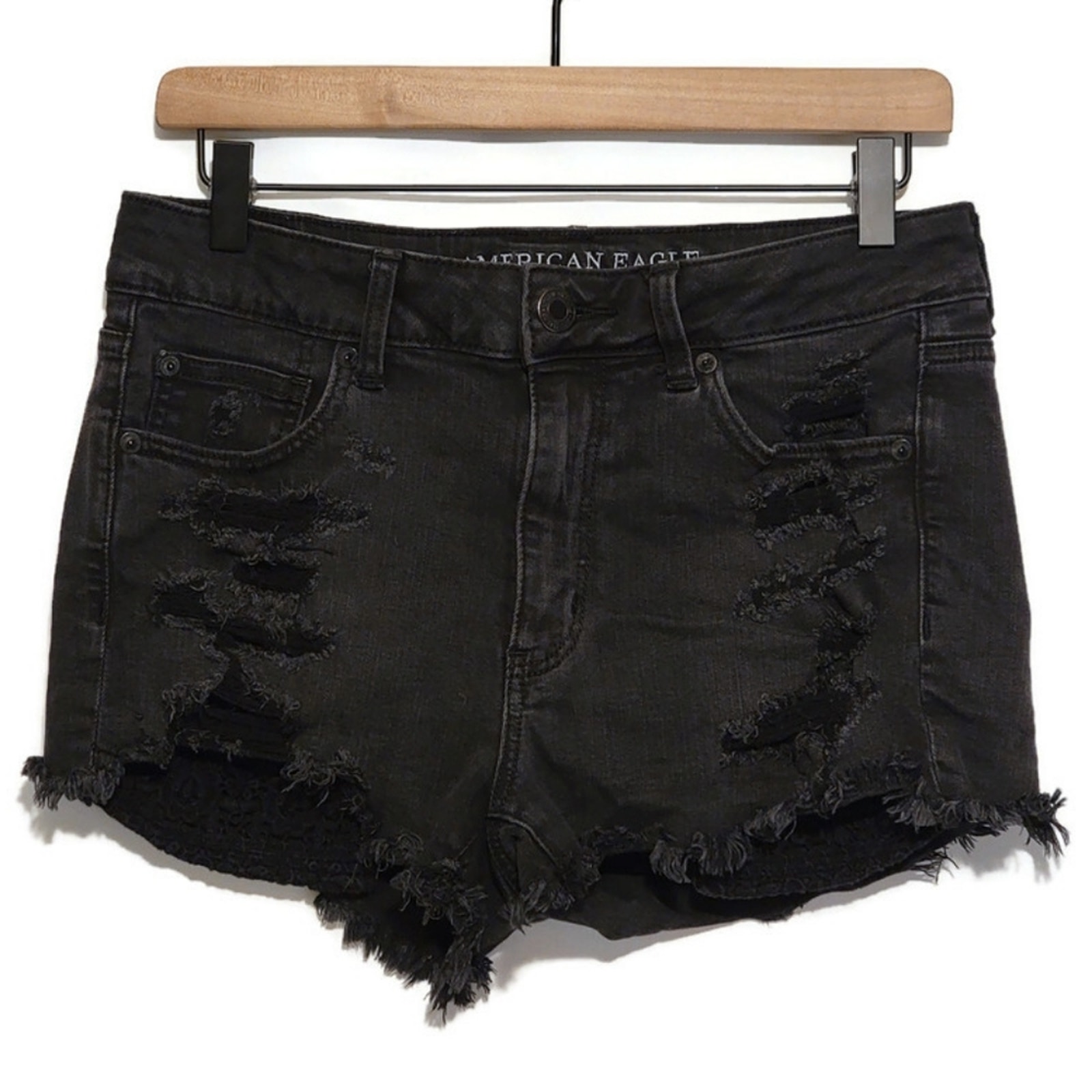 American Eagle High Rise Shortie Distressed Stretch Black Denim Short Size 8