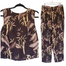 Tommy Bahama silk pants suit size 14 neutrals tropical print blouse pant set