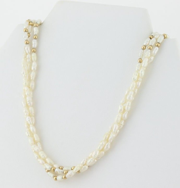 14k Yellow Gold Rice Pearl Gold Bead Three Strand Long 30 Necklace