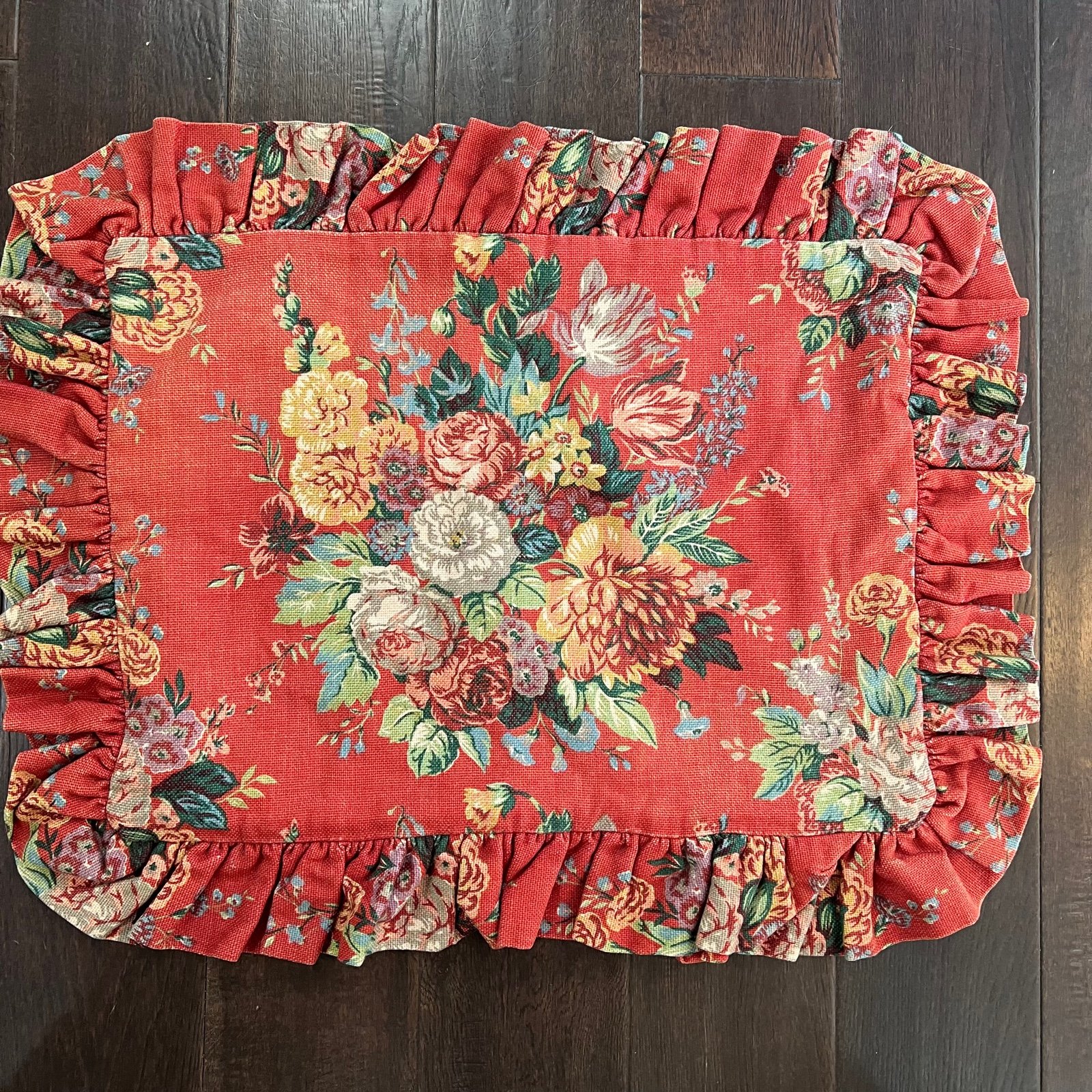 Ralph Lauren Aylesbury Barkcloth Red Floral Ruffled Standard Pillow Sham Heavy