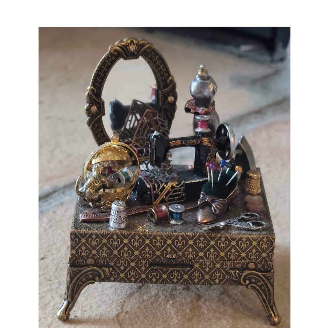 Vintage intricate Romance Sewing Room Seamstress Trinket Box