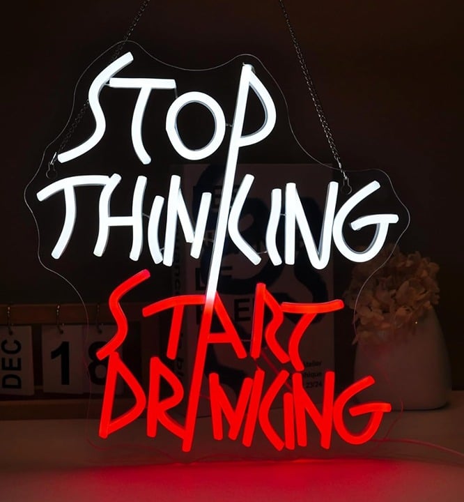 Fun Bright Red / White “Stop Thinking Start Drinking” Bar Party Room Decor