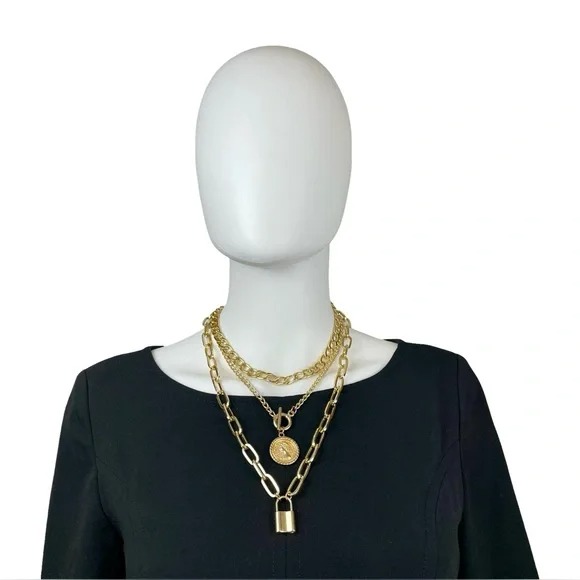 Layered 14K Gold Plated Statement Necklace Set – Vintage Boho Coin & Lock Charm