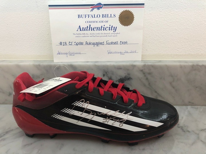 BUFFALO BILLS #28 CJ SPILLER AUTOGRAPHED FOOTBALL CLEAT SHOE CERTIFICATE AUTHEN