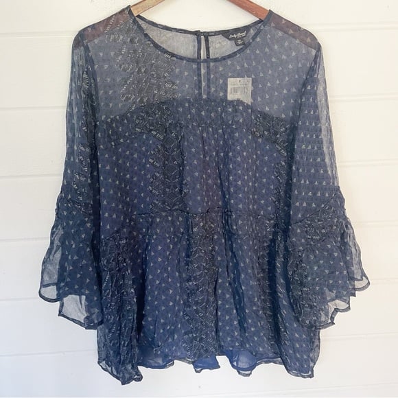 NWT Lucky Brand Crinkle Peasant Blue 3/4 Sleeve Scoop Neck Top Size 3X