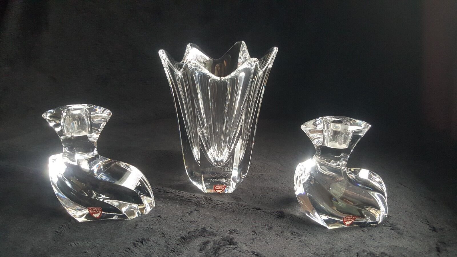1987 Intrepids Club Orrefors Crystal Large 6-Sided Vase And Candlesticks Pair