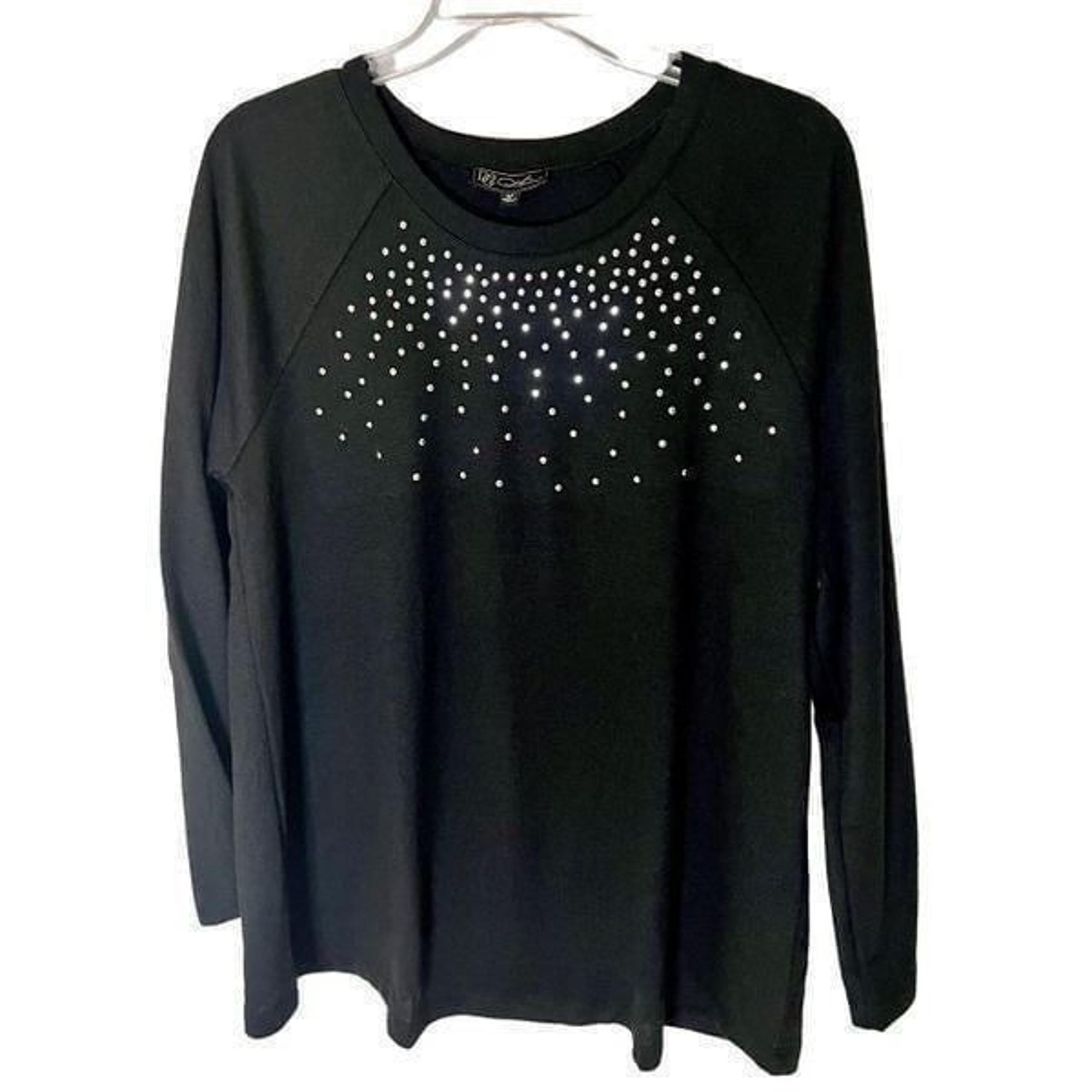 DG2 Diane Gilman Women's Sweater Black Silver Tone Sequins Size M Raglan Sleeve