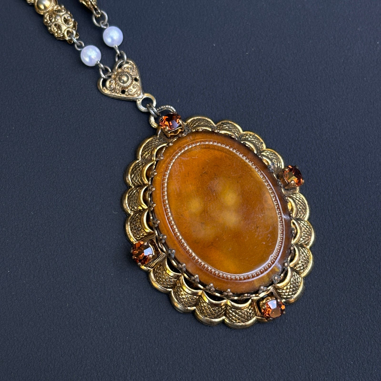 Vintage West Germany Necklace Ornate Gold Filigree Amber Glass 60s Drop Pendant