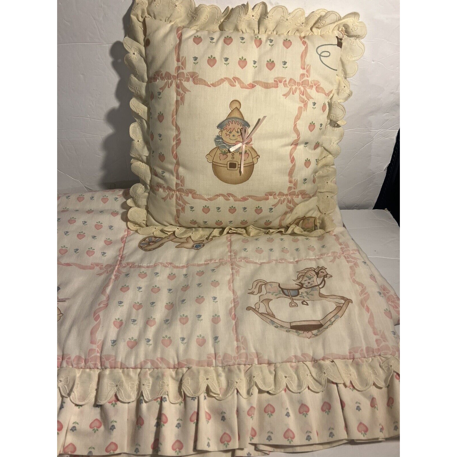 Vintage Baby Blanket & Pillow Reversible Crib Quilt Blanket Handmade Lace Trim