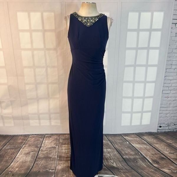 Eliza J Jeweled Neckline Sleeveless Side Ruched Navy-Blue Long Gown Size 4