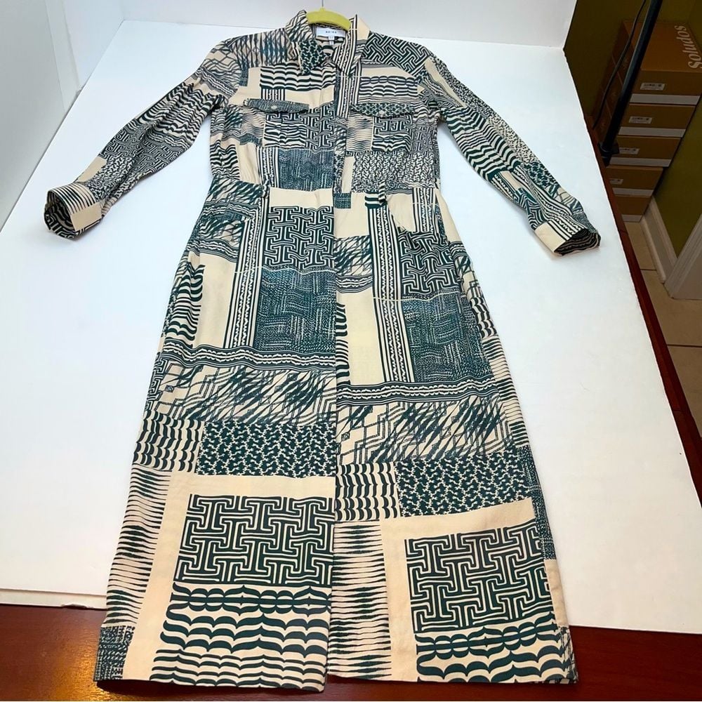 Reiss Kirby Shirt Dress Womens Size 4 Tan Green Button Front NWOT *MISSING BELT