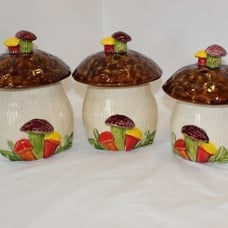 Vintage 1970's Mushroom canisters set with lids Whimsical fairy midcentury