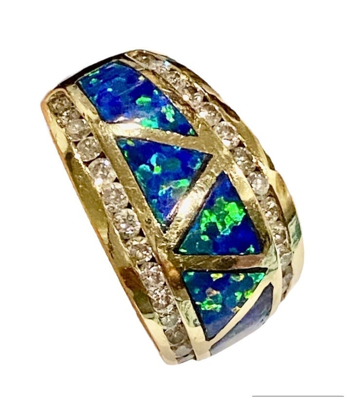 14K Gold Diamond & Opal Designer Statement Ring Band