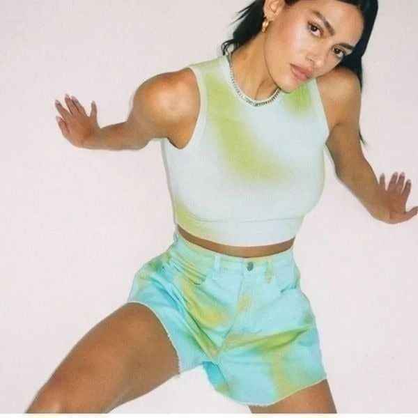 Weworewhat Shorts Flare Bell Denim Blue/Green Tie Dye. NWT. Size 26