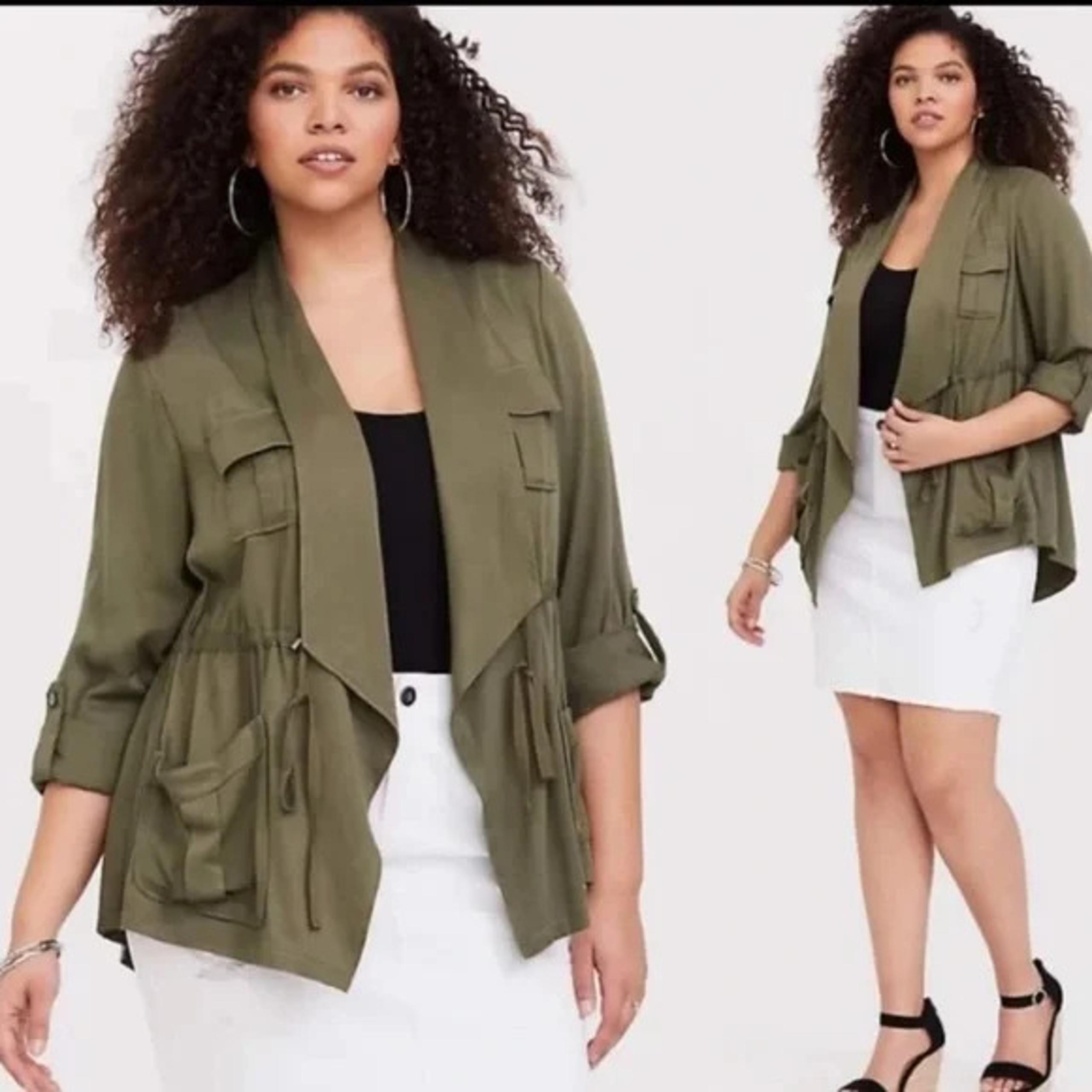 Torrid Open Front Tie-Waist Jacket Pocket Rayon Military Green Women Sz.2 (2X)