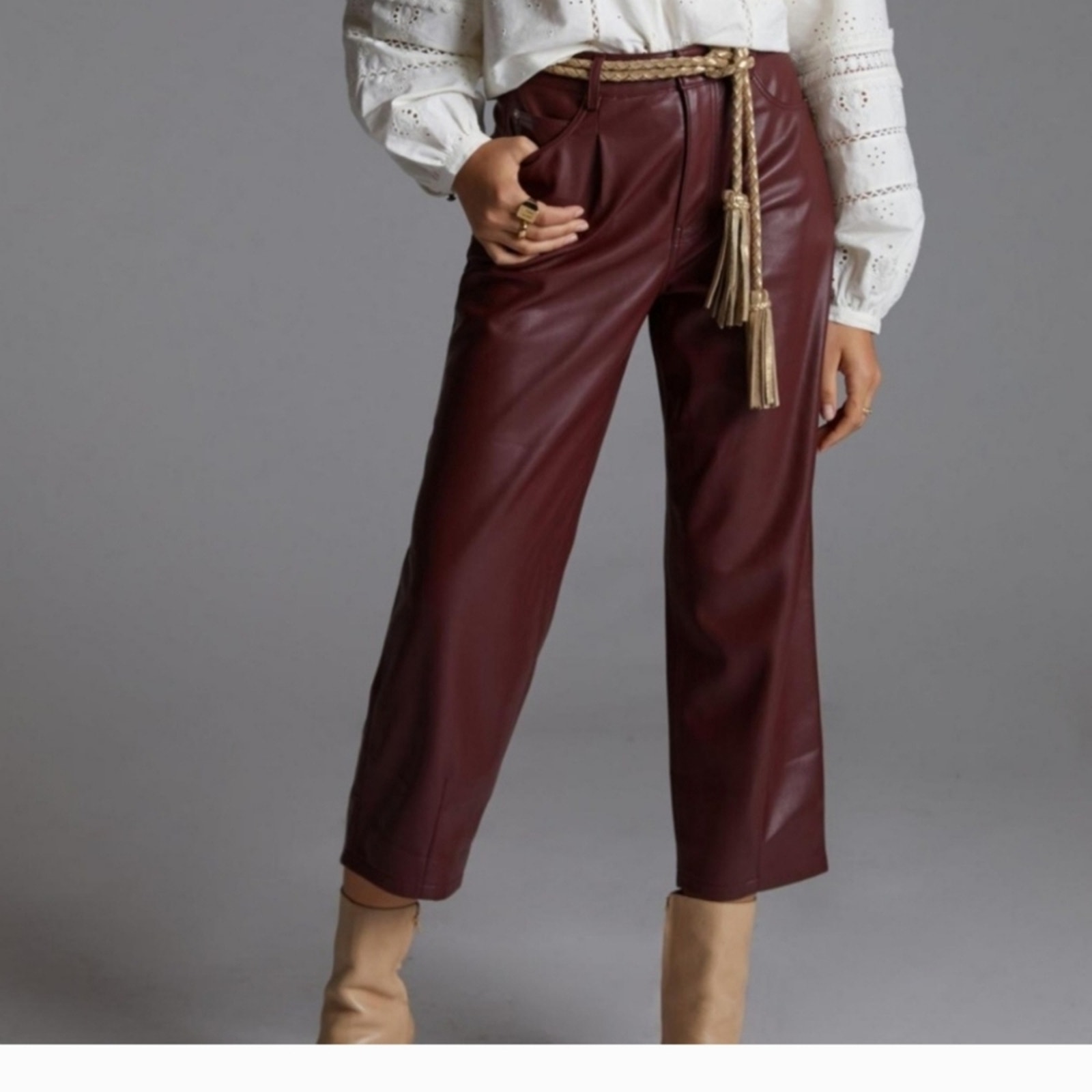Pilcro The Breaker Cropped Faux Leather Burgandy Red Pants Size 31