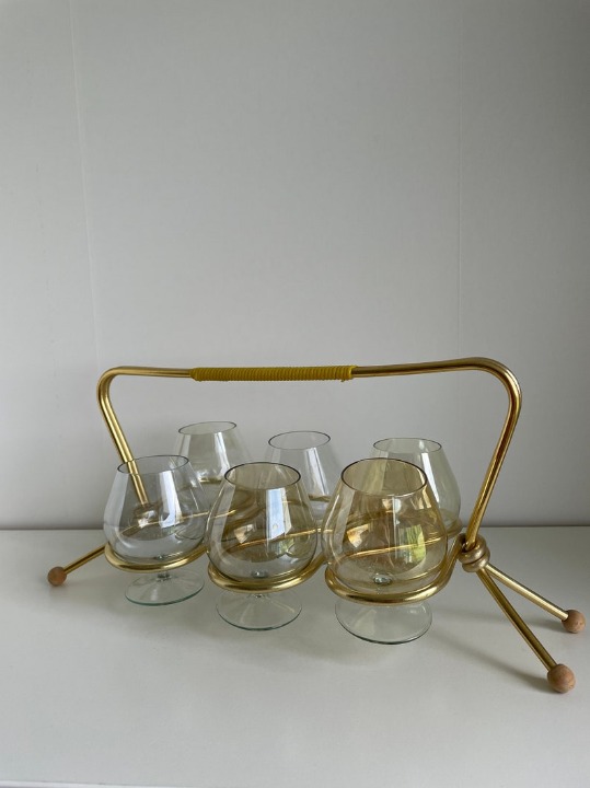Vintage Glasses & Caddy Set - Tinted Brandy Glasses With Holder